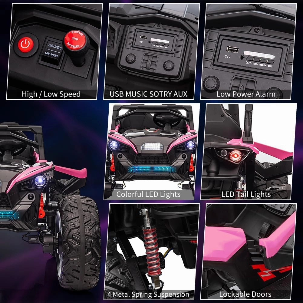 2 Seaters 24V Kids Ride UTV Car with Remote Control,10AH Battery, 400W Powerful Motors 17" EVA Quiet Wheels,20.5" Sea Electric Ride on Toy with Spring Suspension,LED Lights,Music,Horn,Rose