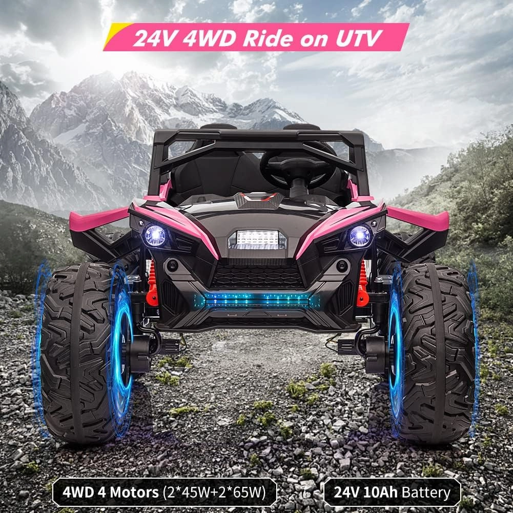 2 Seaters 24V Kids Ride UTV Car with Remote Control,10AH Battery, 400W Powerful Motors 17" EVA Quiet Wheels,20.5" Sea Electric Ride on Toy with Spring Suspension,LED Lights,Music,Horn,Rose