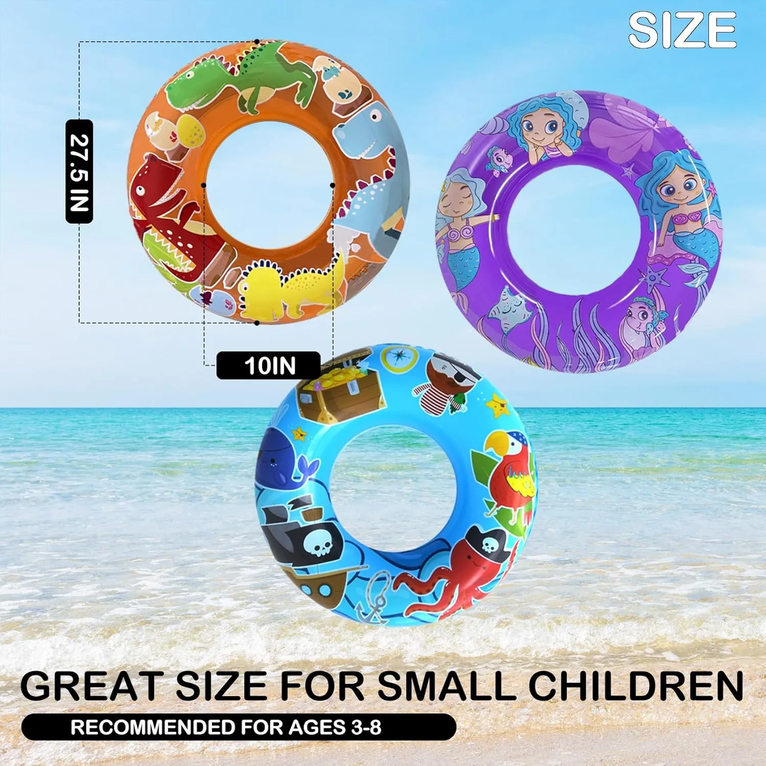 3-Pack Kids Pool Floats with Dinosaur/Pirate/Mermaid Design – Pool Toys for Toddler, 27.5“ Inflatable Swim Rings, Inner Tube for Floating Age 3-8，Premium Floaties & Water Toys for Summer Beach Party