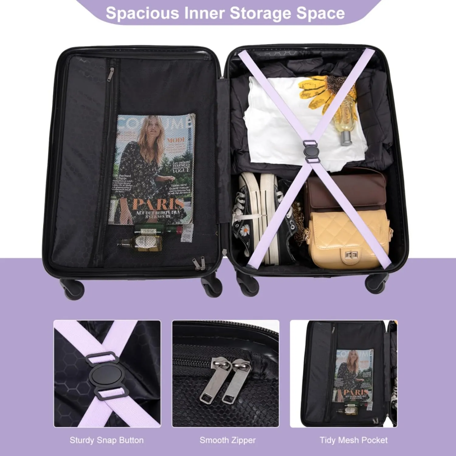 3-Piece ABS Luggage Set (20"/24"/28") - Lightweight Hardshell Suitcases with Lock, 360° Spinner Wheels & 2 Utility Hooks - Carry-On & Checked Luggage (Lavender purple   ABS)