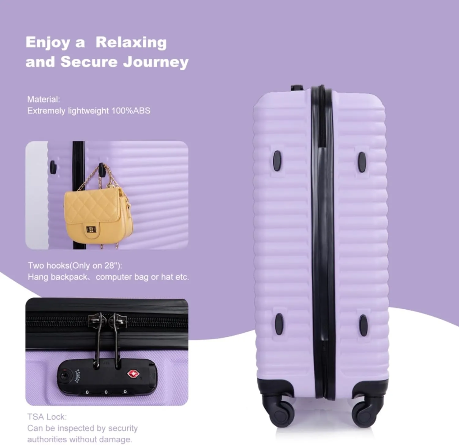 3-Piece ABS Luggage Set (20"/24"/28") - Lightweight Hardshell Suitcases with Lock, 360° Spinner Wheels & 2 Utility Hooks - Carry-On & Checked Luggage (Lavender purple   ABS)