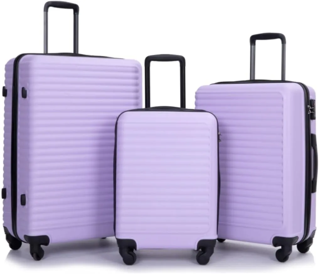 3-Piece ABS Luggage Set (20"/24"/28") - Lightweight Hardshell Suitcases with Lock, 360° Spinner Wheels & 2 Utility Hooks - Carry-On & Checked Luggage (Lavender purple   ABS)