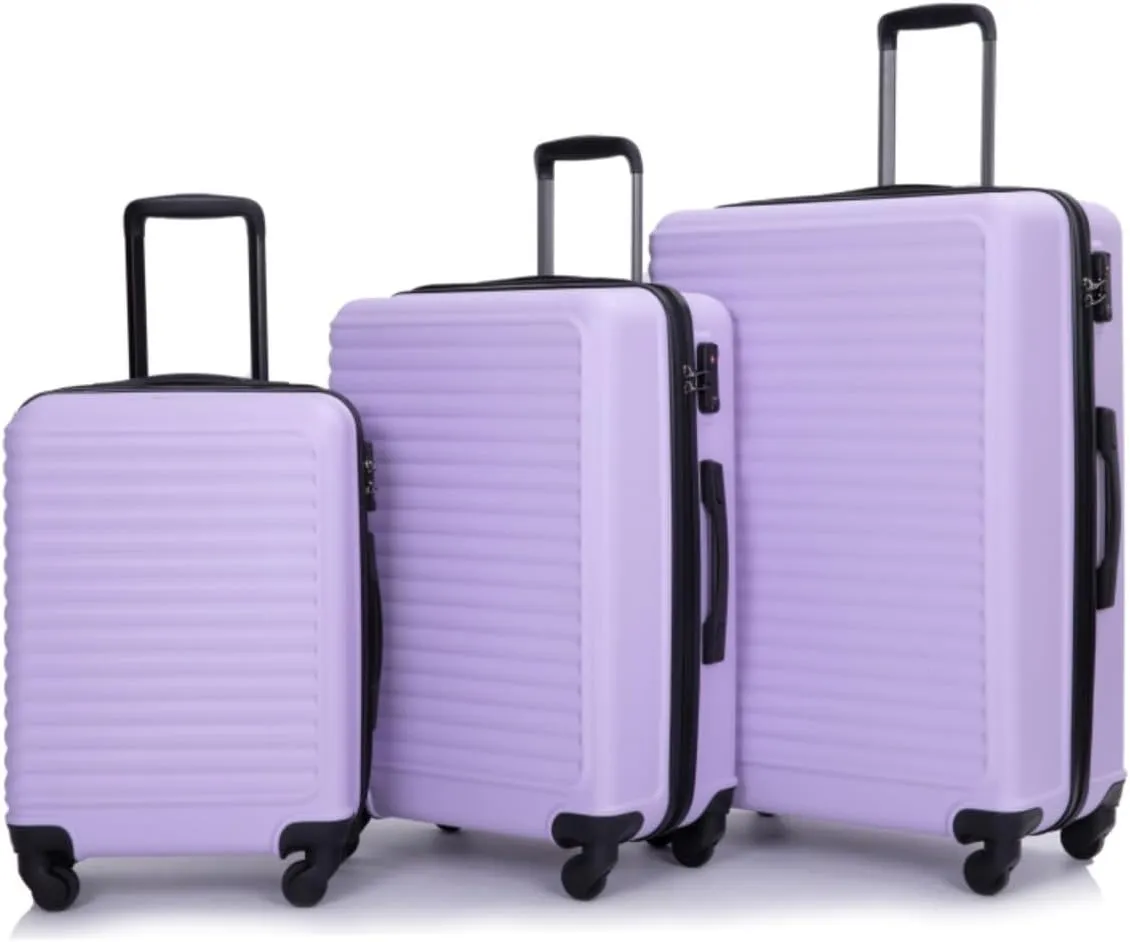 3-Piece ABS Luggage Set (20"/24"/28") - Lightweight Hardshell Suitcases with Lock, 360° Spinner Wheels & 2 Utility Hooks - Carry-On & Checked Luggage (Lavender purple   ABS)