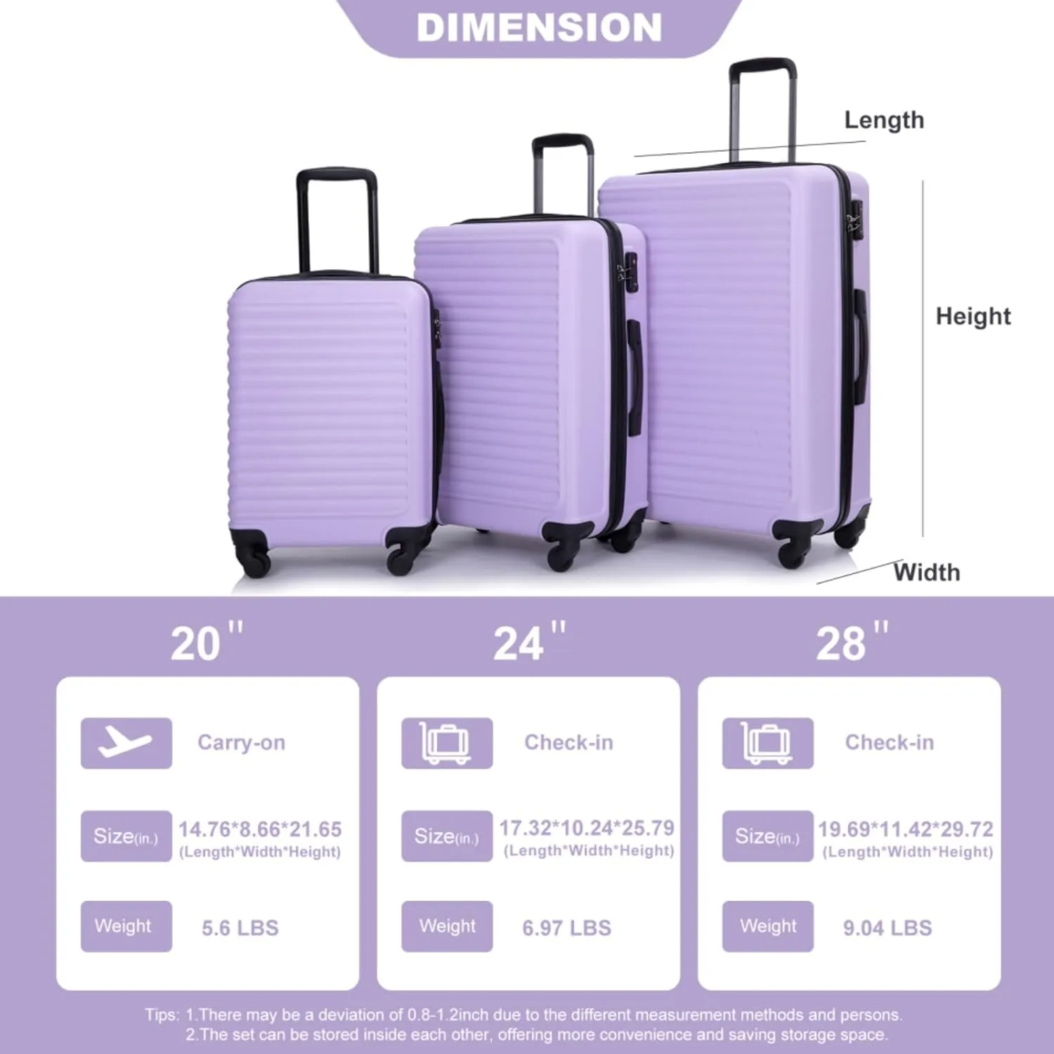 3-Piece ABS Luggage Set (20"/24"/28") - Lightweight Hardshell Suitcases with Lock, 360° Spinner Wheels & 2 Utility Hooks - Carry-On & Checked Luggage (Lavender purple   ABS)
