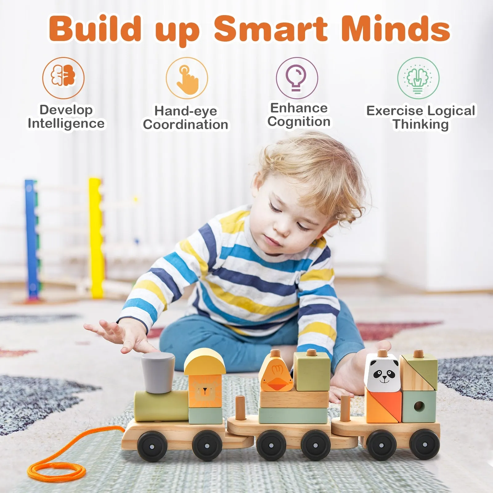3-Section Toy Wooden Train Set with Stackable Building Blocks