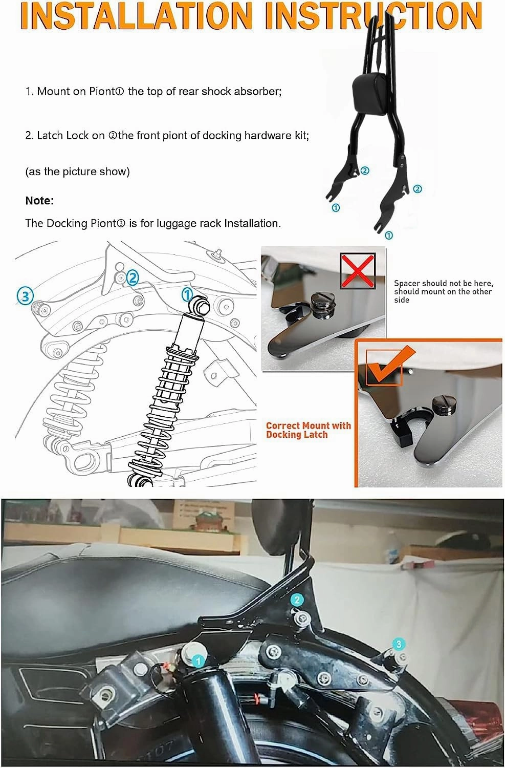 30" Tall Detachable Black Sissy Bar Passenger Backrest Rear Pad for Harley Davidson Touring Models 2009-2024 Street Glide Road Glide Electra Glide Road King CVO Ultra