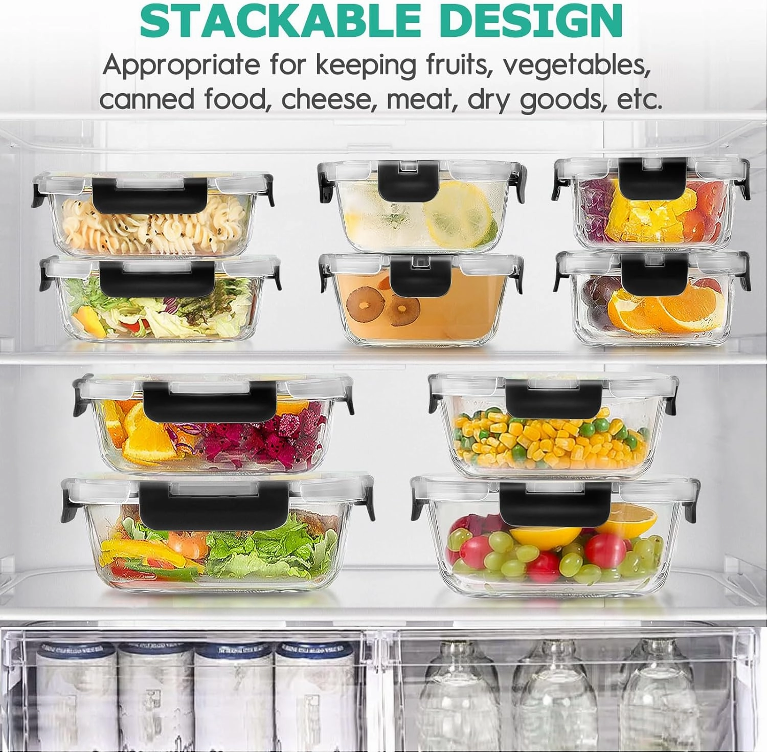 34pcs Glass Food Storage Containers with Lids Set, Airtight Glass Meal Prep Containers (17 Containers & 17 Lids), Leak Proof Lunch Containers BPA-Free, Microwave, Oven, Freezer, Dishwasher Safe-Black