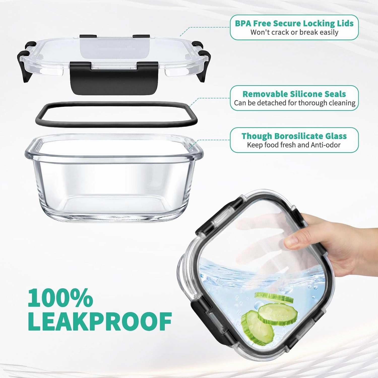 34pcs Glass Food Storage Containers with Lids Set, Airtight Glass Meal Prep Containers (17 Containers & 17 Lids), Leak Proof Lunch Containers BPA-Free, Microwave, Oven, Freezer, Dishwasher Safe-Black