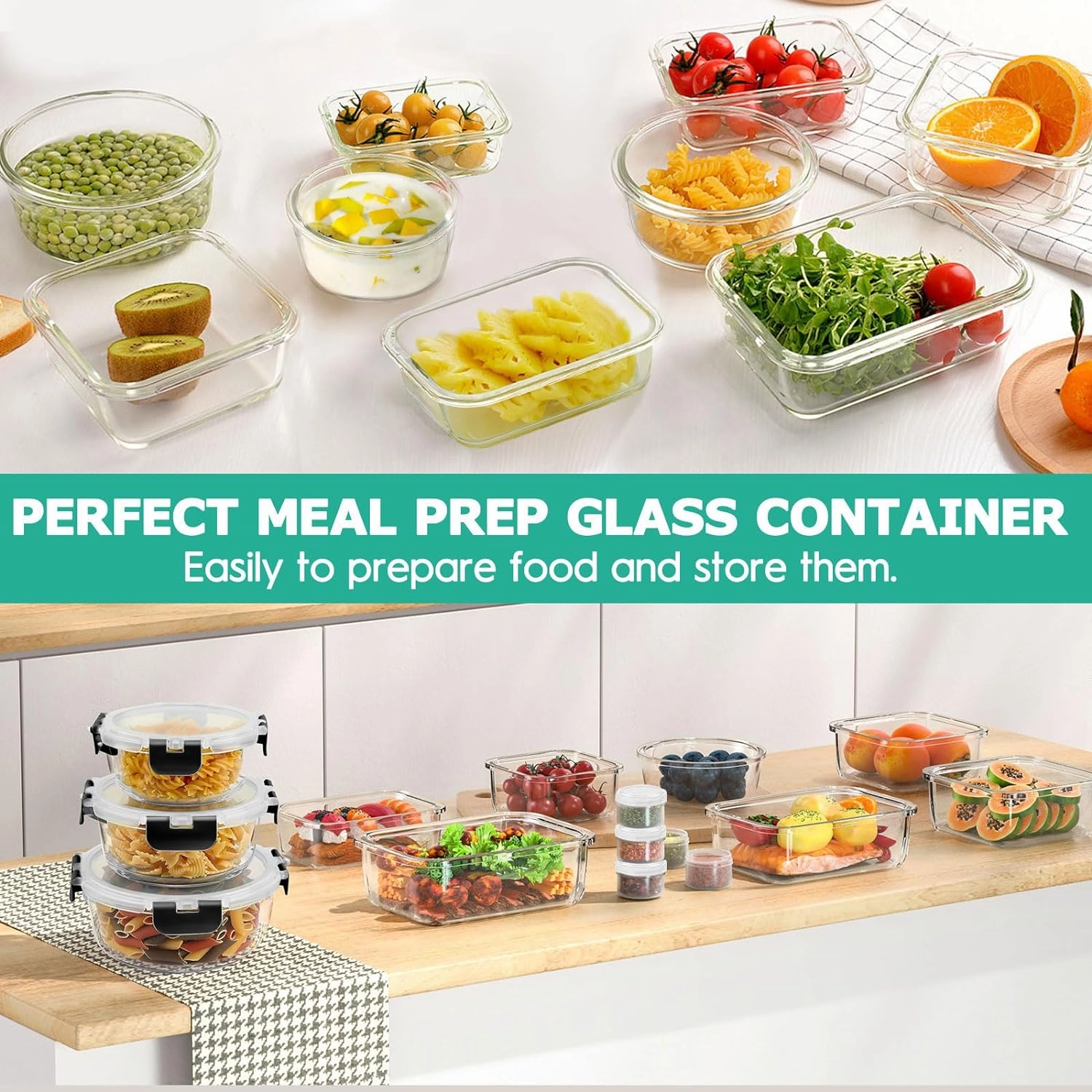 34pcs Glass Food Storage Containers with Lids Set, Airtight Glass Meal Prep Containers (17 Containers & 17 Lids), Leak Proof Lunch Containers BPA-Free, Microwave, Oven, Freezer, Dishwasher Safe-Black