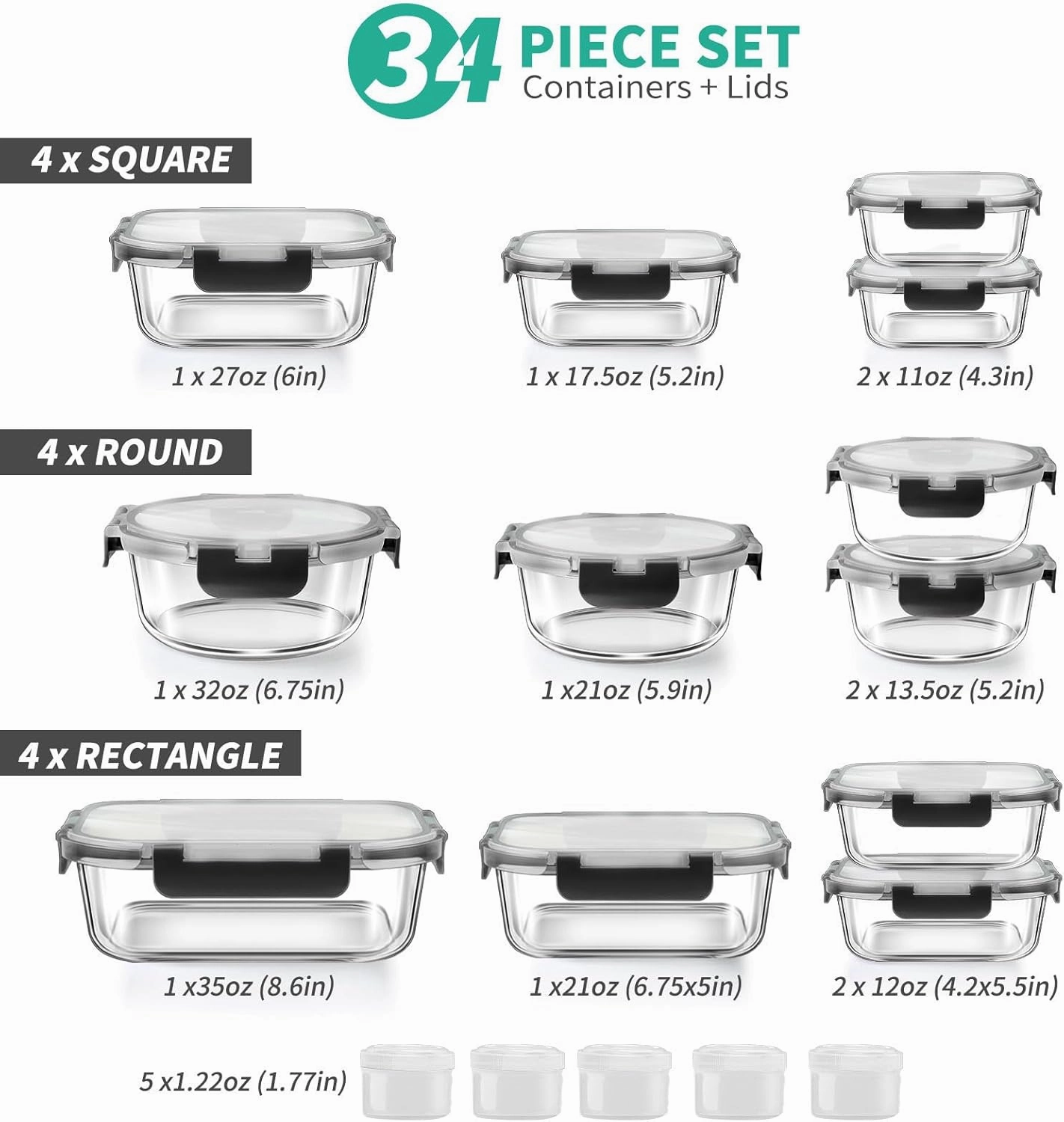 34pcs Glass Food Storage Containers with Lids Set, Airtight Glass Meal Prep Containers (17 Containers & 17 Lids), Leak Proof Lunch Containers BPA-Free, Microwave, Oven, Freezer, Dishwasher Safe-Black