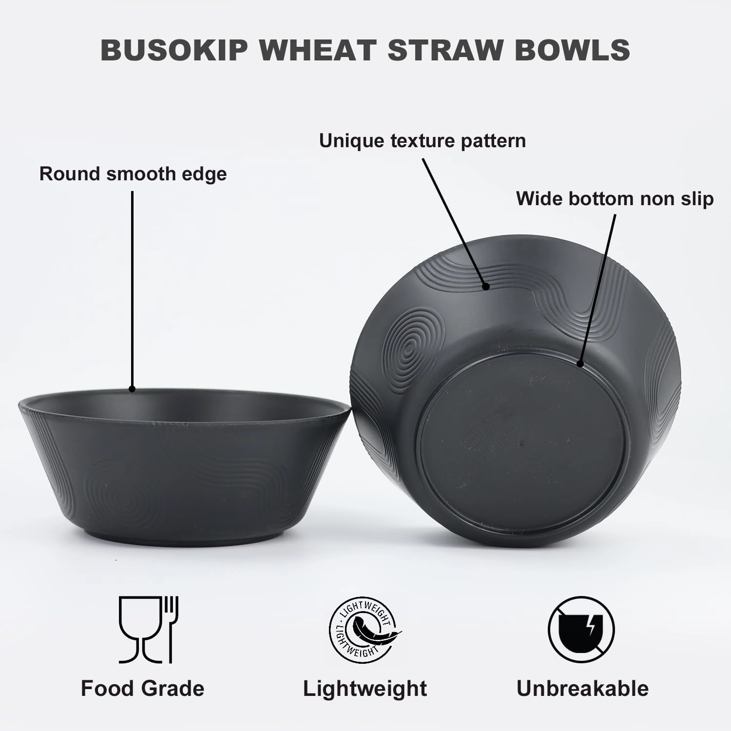 36 oz Wheat Straw Bowl Sets, 6 PCS Reusable Cereal Bowl Unbreakable Bowls Set, Microwave and Dishwasher Safe Bowls, Alternative for Plastic Bowls Reusable for Kitchen (Black)
