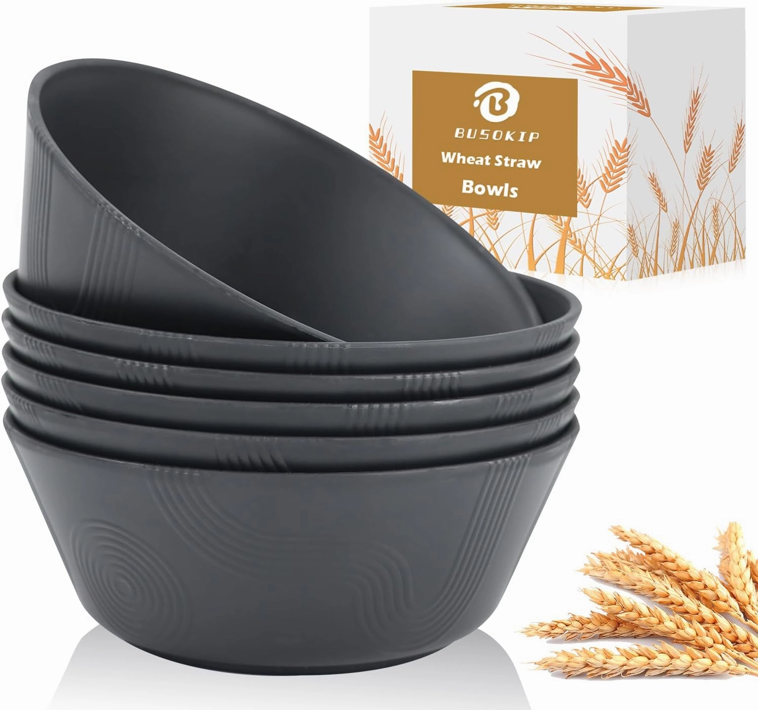 36 oz Wheat Straw Bowl Sets, 6 PCS Reusable Cereal Bowl Unbreakable Bowls Set, Microwave and Dishwasher Safe Bowls, Alternative for Plastic Bowls Reusable for Kitchen (Black)