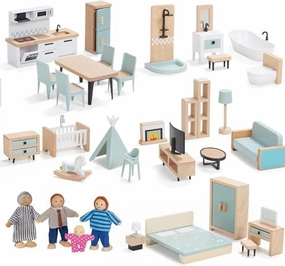 36pcs Wooden Dollhouse Furniture Set 5 Rooms with 4 Family Dolls, Wood and Plastic Blue Dollhouse Accessories, Pretend Play Furniture Toys Christmas Birthday Gift for Boys Girls & Kids Toddlers 3Y 
