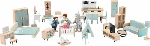 36pcs Wooden Dollhouse Furniture Set 5 Rooms with 4 Family Dolls, Wood and Plastic Blue Dollhouse Accessories, Pretend Play Furniture Toys Christmas Birthday Gift for Boys Girls & Kids Toddlers 3Y 