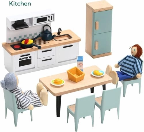36pcs Wooden Dollhouse Furniture Set 5 Rooms with 4 Family Dolls, Wood and Plastic Blue Dollhouse Accessories, Pretend Play Furniture Toys Christmas Birthday Gift for Boys Girls & Kids Toddlers 3Y 