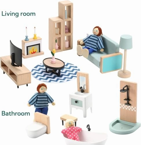 36pcs Wooden Dollhouse Furniture Set 5 Rooms with 4 Family Dolls, Wood and Plastic Blue Dollhouse Accessories, Pretend Play Furniture Toys Christmas Birthday Gift for Boys Girls & Kids Toddlers 3Y 