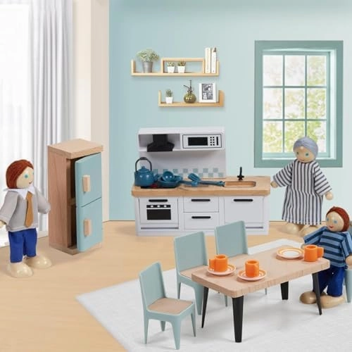 36pcs Wooden Dollhouse Furniture Set 5 Rooms with 4 Family Dolls, Wood and Plastic Blue Dollhouse Accessories, Pretend Play Furniture Toys Christmas Birthday Gift for Boys Girls & Kids Toddlers 3Y 
