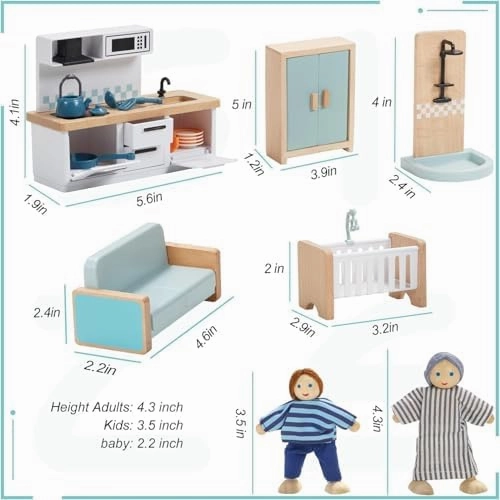 36pcs Wooden Dollhouse Furniture Set 5 Rooms with 4 Family Dolls, Wood and Plastic Blue Dollhouse Accessories, Pretend Play Furniture Toys Christmas Birthday Gift for Boys Girls & Kids Toddlers 3Y 