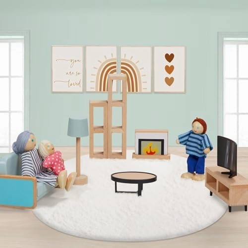 36pcs Wooden Dollhouse Furniture Set 5 Rooms with 4 Family Dolls, Wood and Plastic Blue Dollhouse Accessories, Pretend Play Furniture Toys Christmas Birthday Gift for Boys Girls & Kids Toddlers 3Y 
