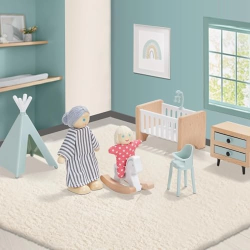 36pcs Wooden Dollhouse Furniture Set 5 Rooms with 4 Family Dolls, Wood and Plastic Blue Dollhouse Accessories, Pretend Play Furniture Toys Christmas Birthday Gift for Boys Girls & Kids Toddlers 3Y 