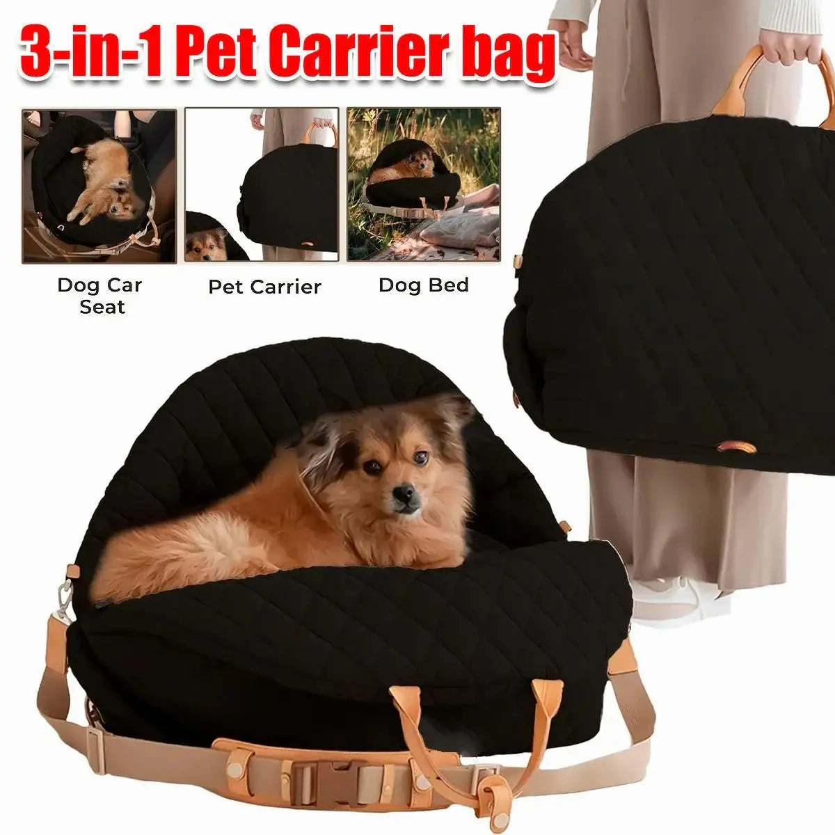 3-in-1 Dog Carrier Bag for Travel Car Seat Pet Bed & Portable Carrier