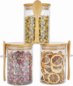 3 Pack Glass Containers Jars with Bamboo Airtight Lid and Spoon, 15Oz Glass Food Storage Canisters, Kitchen Organization Jar Set for Coffee Beans, Tea, Flour, Salt, Nuts, Candy, Cookie and More