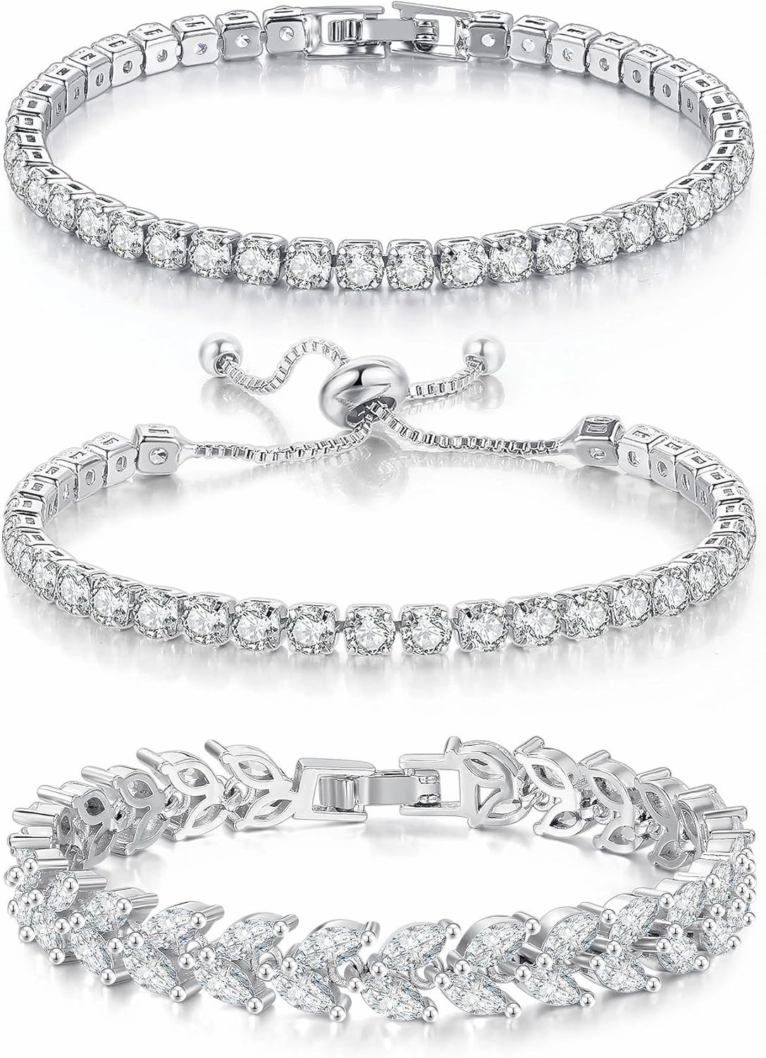 3 Pcs Tennis Bracelet Set 14K Gold Plated Marquise Cubic Zirconia CZ Diamond Dainty Adjustable Silver Bracelets for Women Brides Stackable Fashion Jewelry Wedding Prom Gift
