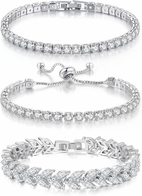 3 Pcs Tennis Bracelet Set 14K Gold Plated Marquise Cubic Zirconia CZ Diamond Dainty Adjustable Silver Bracelets for Women Brides Stackable Fashion Jewelry Wedding Prom Gift