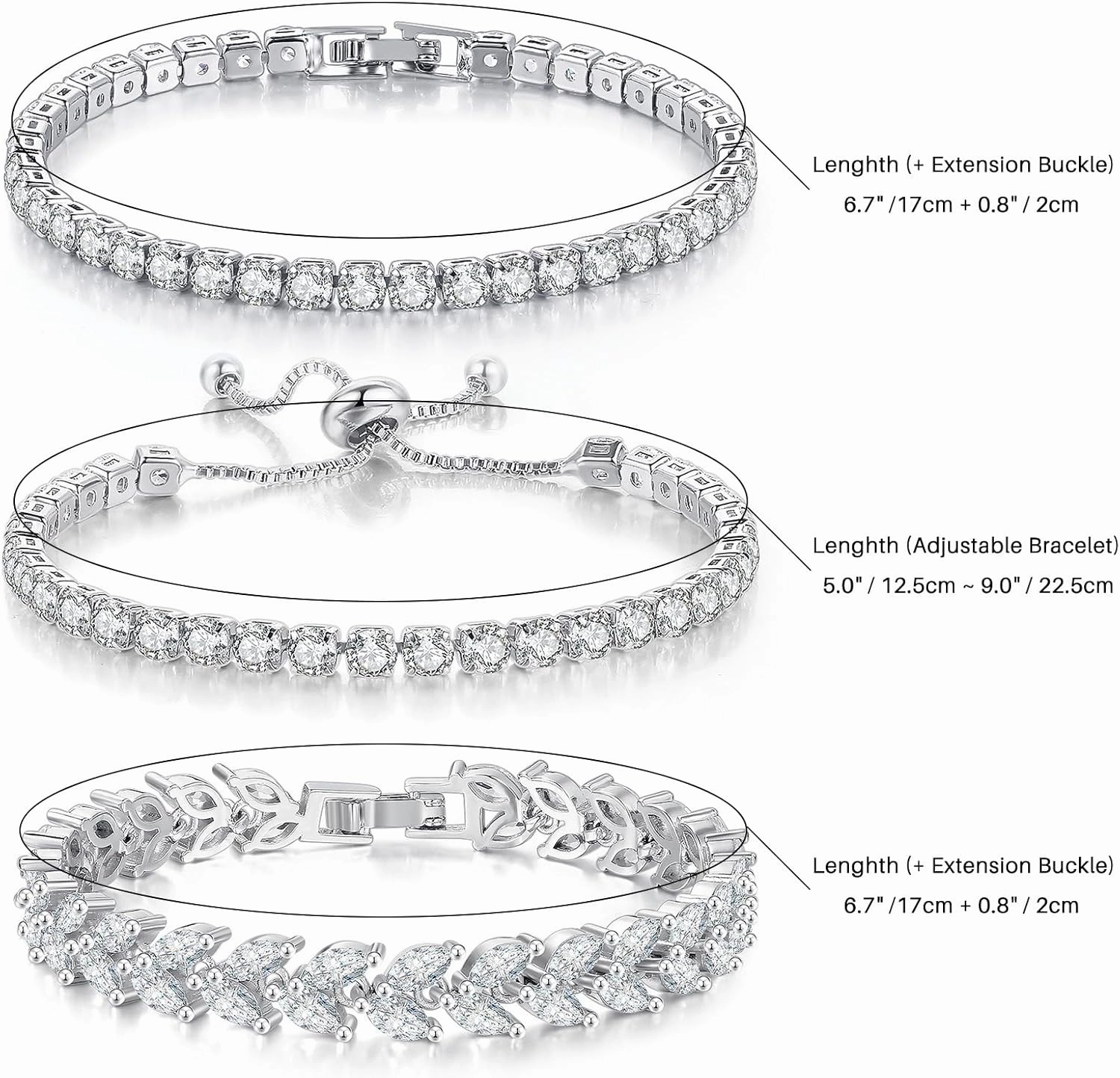 3 Pcs Tennis Bracelet Set 14K Gold Plated Marquise Cubic Zirconia CZ Diamond Dainty Adjustable Silver Bracelets for Women Brides Stackable Fashion Jewelry Wedding Prom Gift