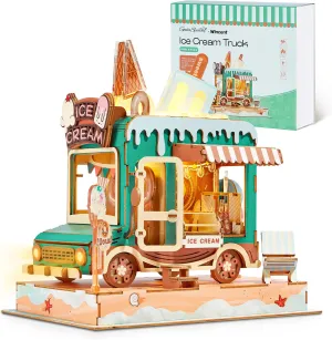 3D Puzzle Ice Cream Truck Model - DIY Miniature Kit Dollhouse Food Truck Wooden Model with LED Lights - Creative Gift for Kids and Adults(Ice Cream Truck)