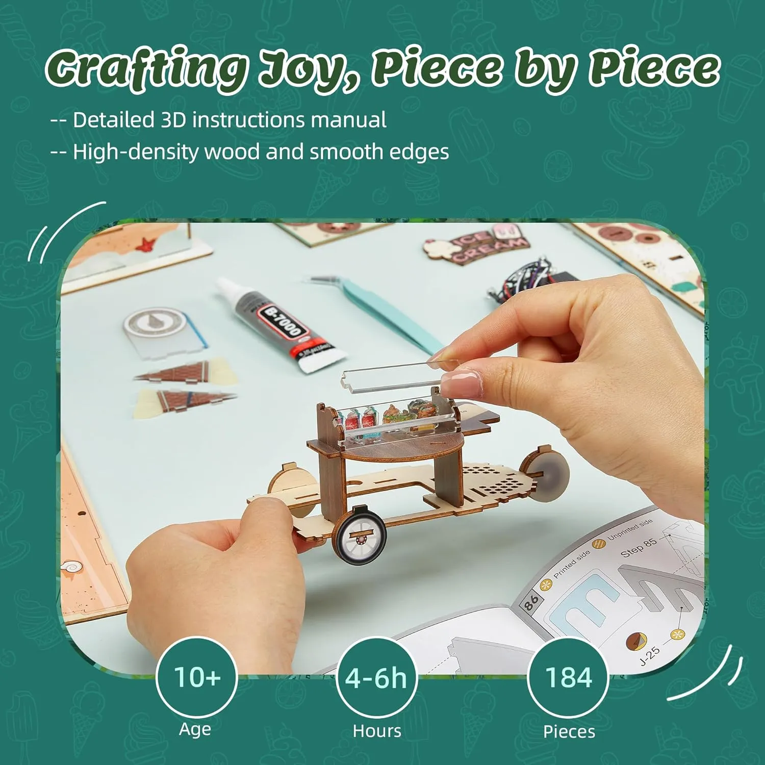 3D Puzzle Ice Cream Truck Model - DIY Miniature Kit Dollhouse Food Truck Wooden Model with LED Lights - Creative Gift for Kids and Adults(Ice Cream Truck)
