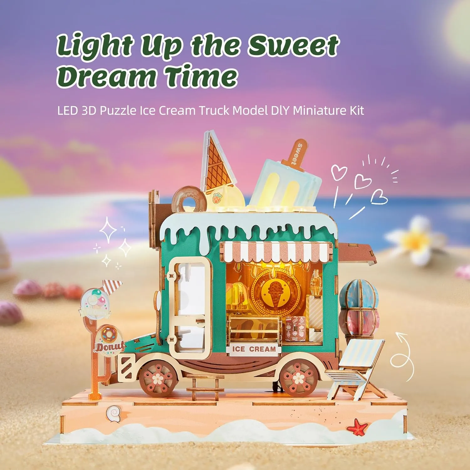 3D Puzzle Ice Cream Truck Model - DIY Miniature Kit Dollhouse Food Truck Wooden Model with LED Lights - Creative Gift for Kids and Adults(Ice Cream Truck)