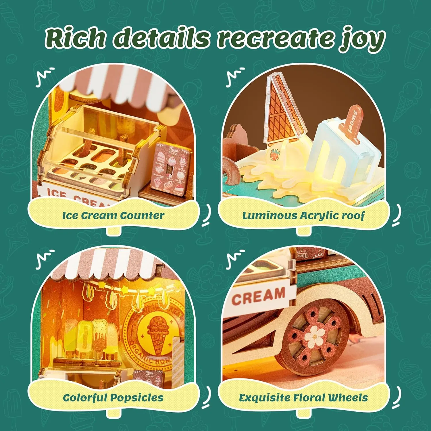 3D Puzzle Ice Cream Truck Model - DIY Miniature Kit Dollhouse Food Truck Wooden Model with LED Lights - Creative Gift for Kids and Adults(Ice Cream Truck)