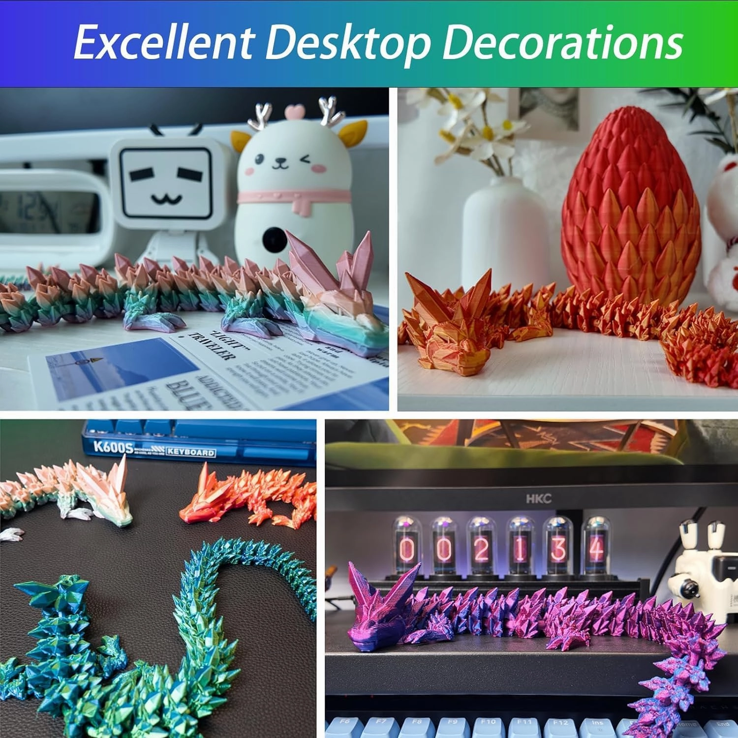 3D Printed Dragon Egg, 15 inchs Rainbow Luminous Dragon Toy,Articulated Crystal Dragon,Glow in Dark Fidget.Cool
