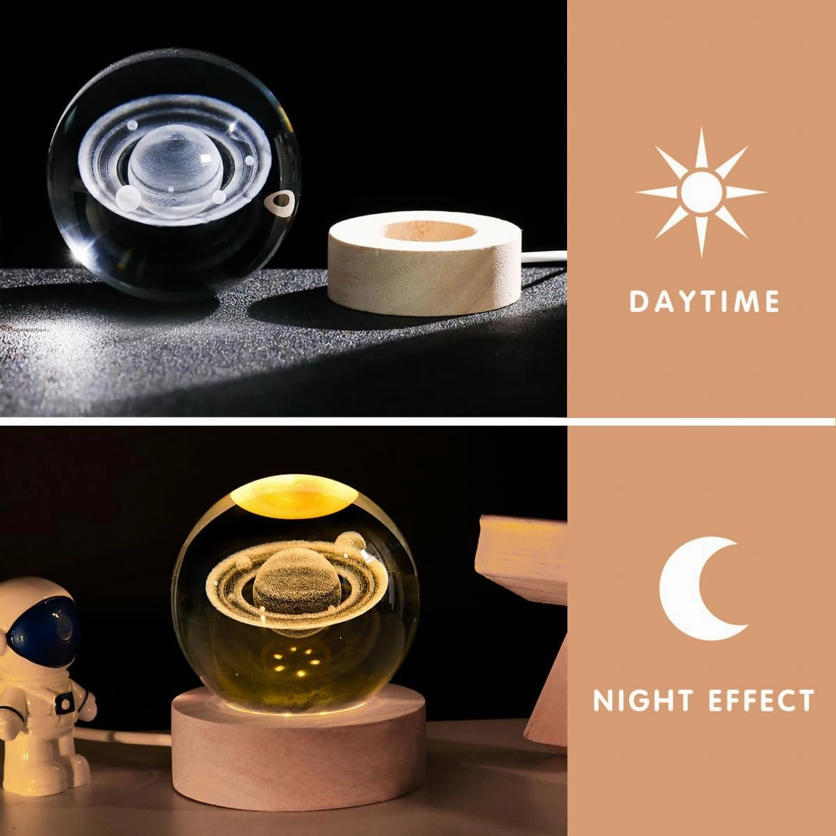 3D Saturn Crystal Ball Night Light with LED Stand, Saturn Planet Sphere Space Lamp, Decorative Glass Balls, Saturn Globe Paperweight Gifts for Women Kids(60mm)