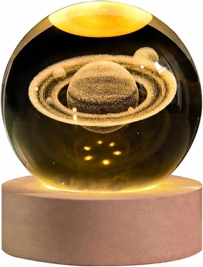 3D Saturn Crystal Ball Night Light with LED Stand, Saturn Planet Sphere Space Lamp, Decorative Glass Balls, Saturn Globe Paperweight Gifts for Women Kids(60mm)