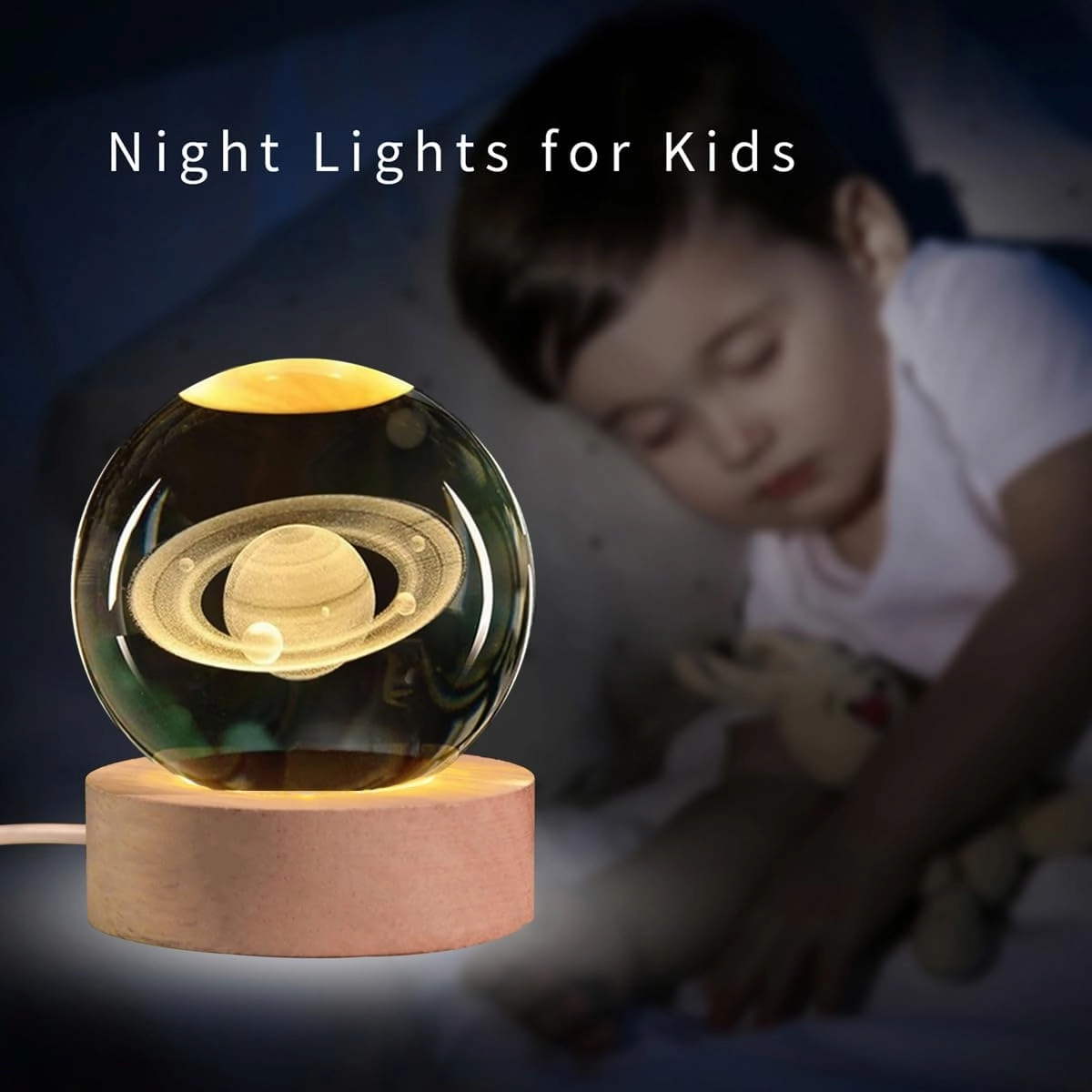 3D Saturn Crystal Ball Night Light with LED Stand, Saturn Planet Sphere Space Lamp, Decorative Glass Balls, Saturn Globe Paperweight Gifts for Women Kids(60mm)