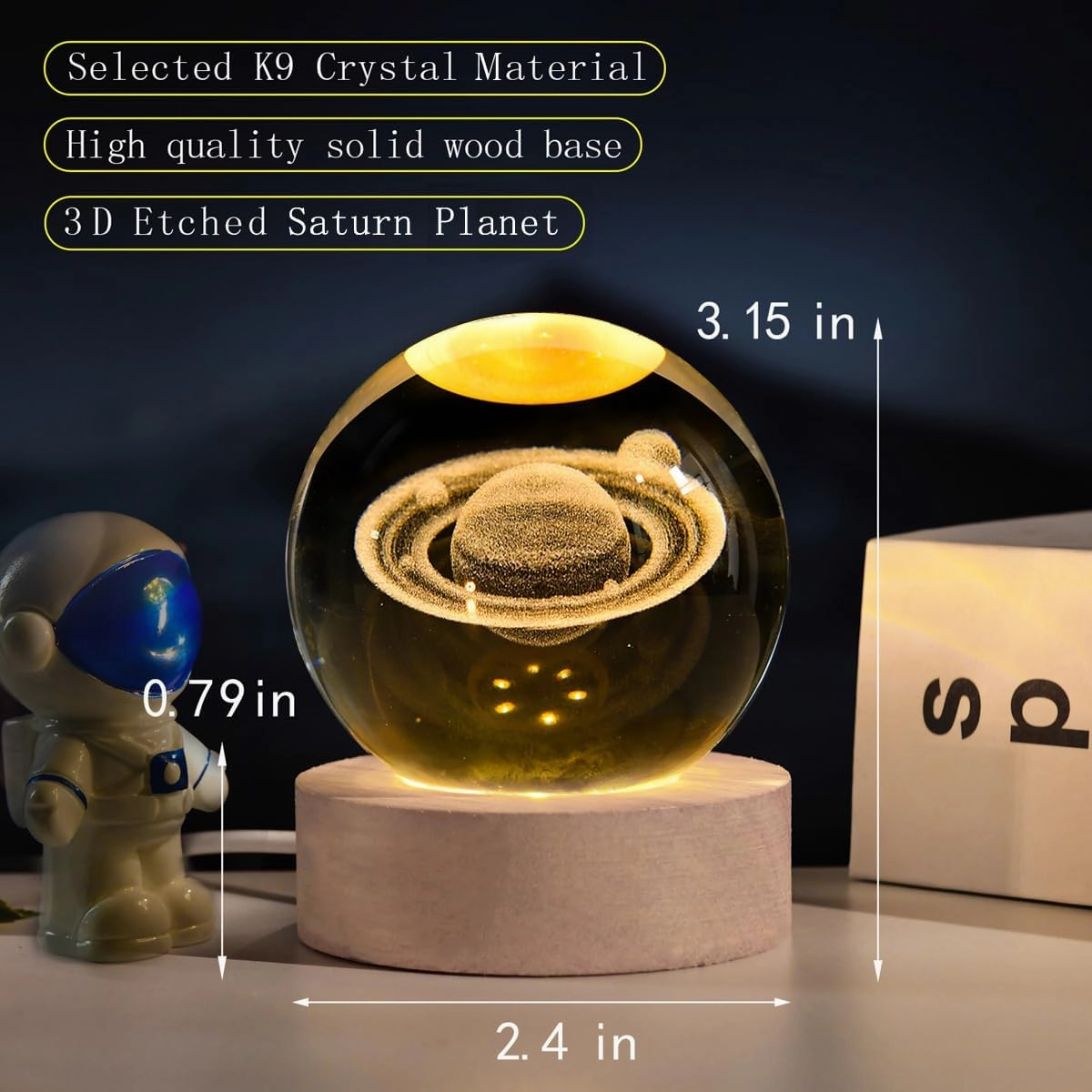 3D Saturn Crystal Ball Night Light with LED Stand, Saturn Planet Sphere Space Lamp, Decorative Glass Balls, Saturn Globe Paperweight Gifts for Women Kids(60mm)