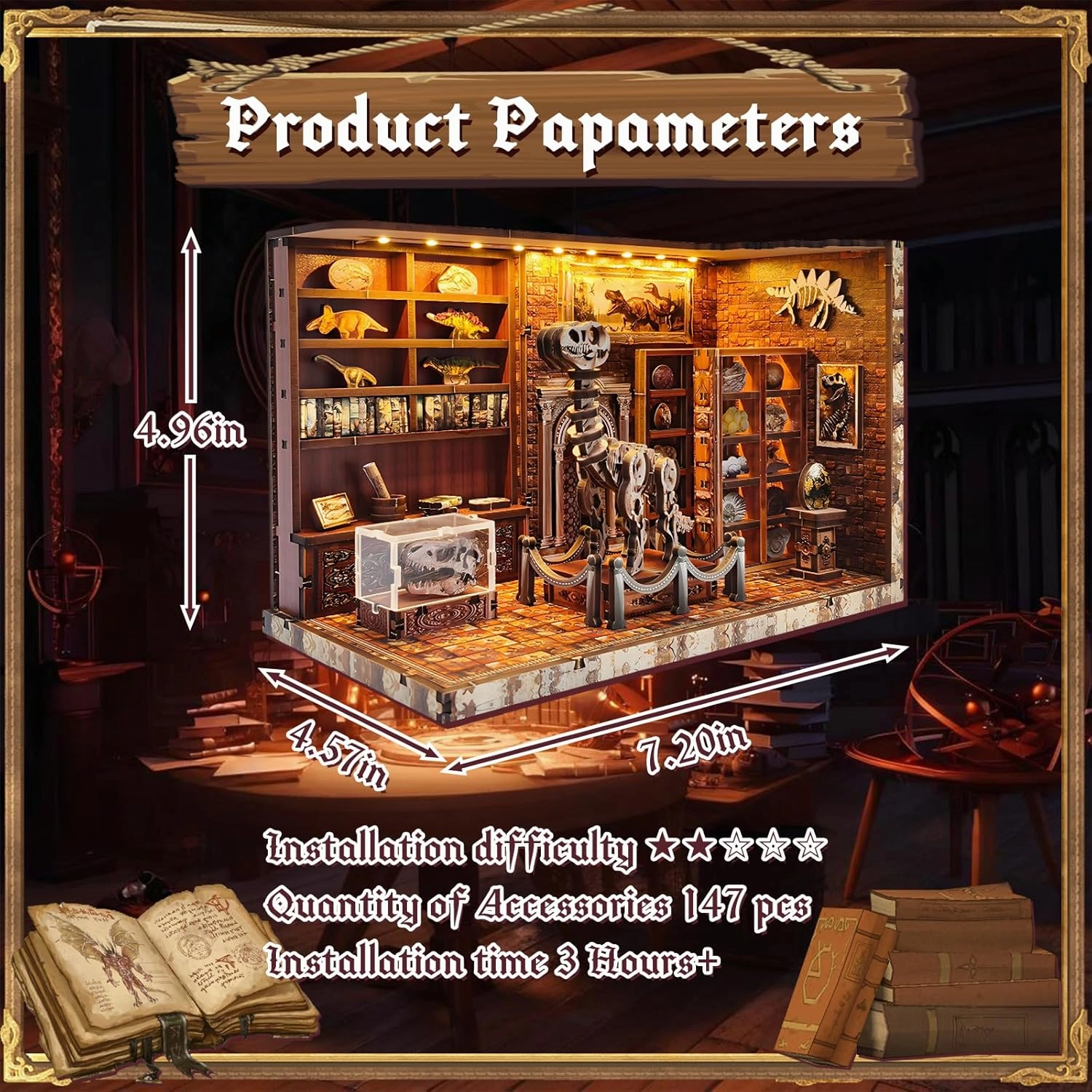 3D Wooden Puzzles for Adults, DIY Miniature Dollhouse, Book Nook Kit, Built-in LED Model Kit Hobby Gifts for Adults Teens Home Decor, Ideal Gift for Teenager and Men (Dinosaur Museum)