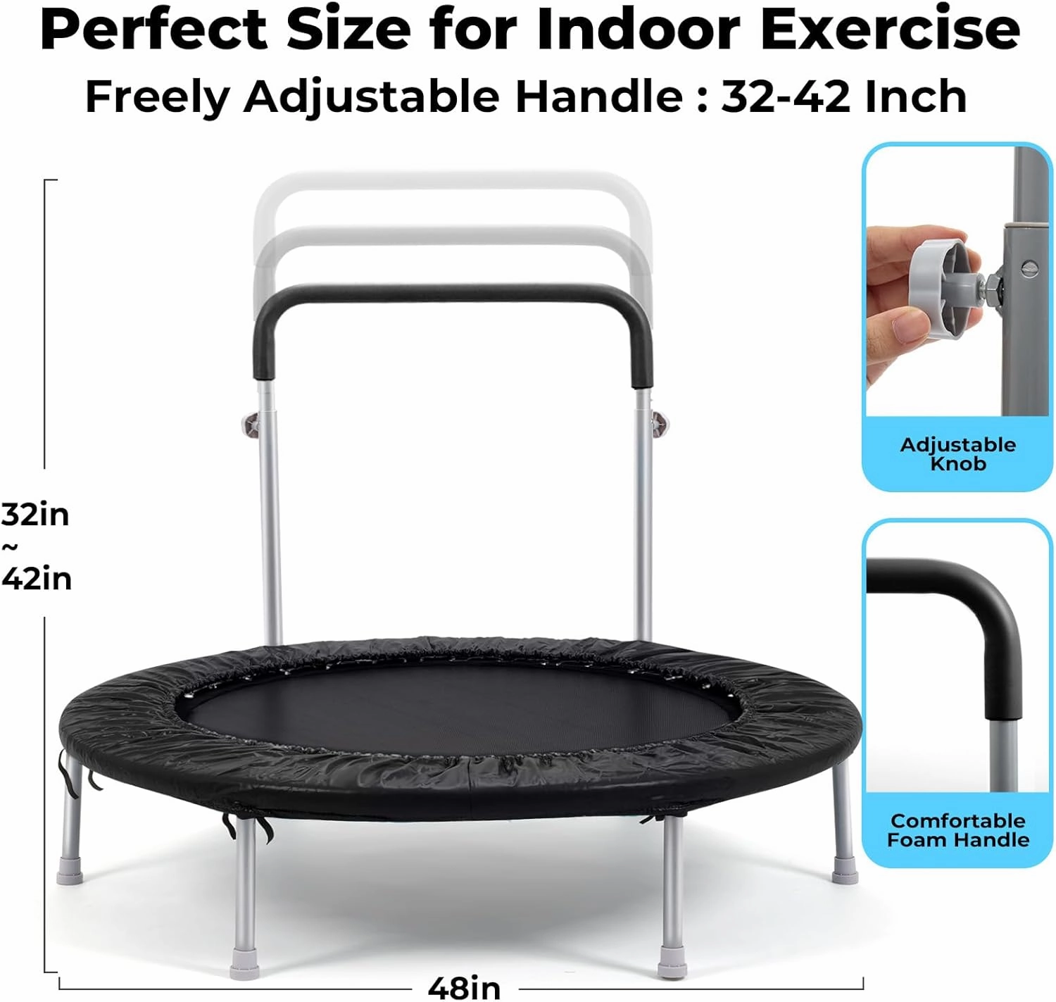 40/48 Inch Rebounder Trampoline for Adults: Exercise Trampoline with Adjustable Foam Handle, Stable & Quiet Mini Trampoline for Indoor Garden Workout