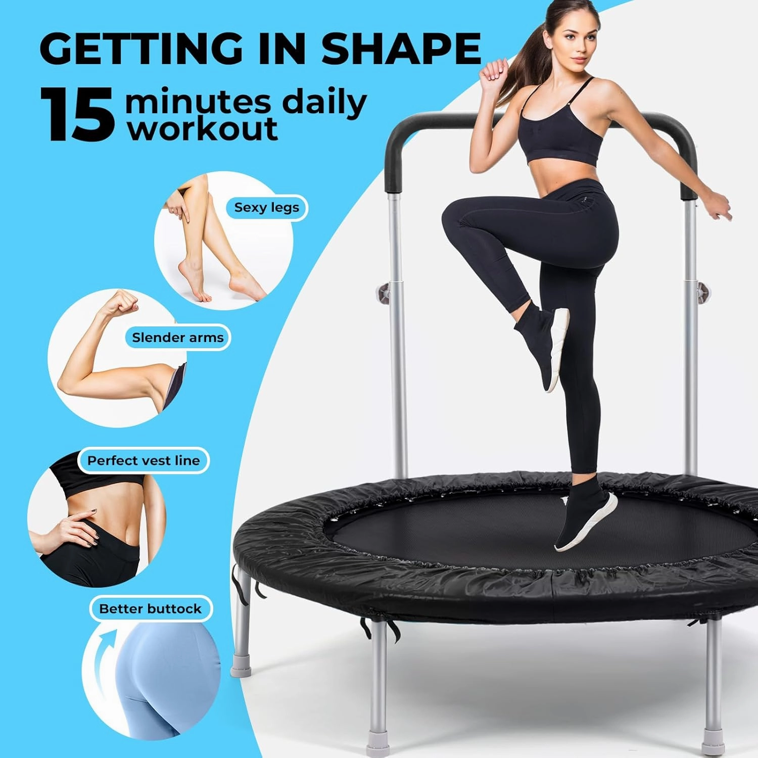 40/48 Inch Rebounder Trampoline for Adults: Exercise Trampoline with Adjustable Foam Handle, Stable & Quiet Mini Trampoline for Indoor Garden Workout