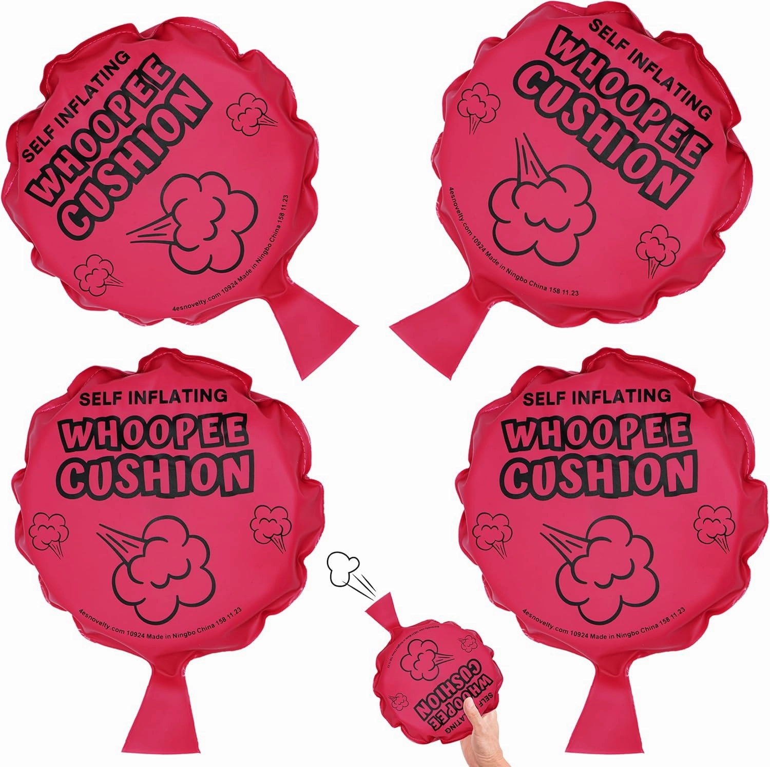 4E's Novelty Large Whoopee Cushions Self Inflating, 4 Pack - 7 Inch Classic Fart Prank for Kids Adults Whoopie Cushions Bulk