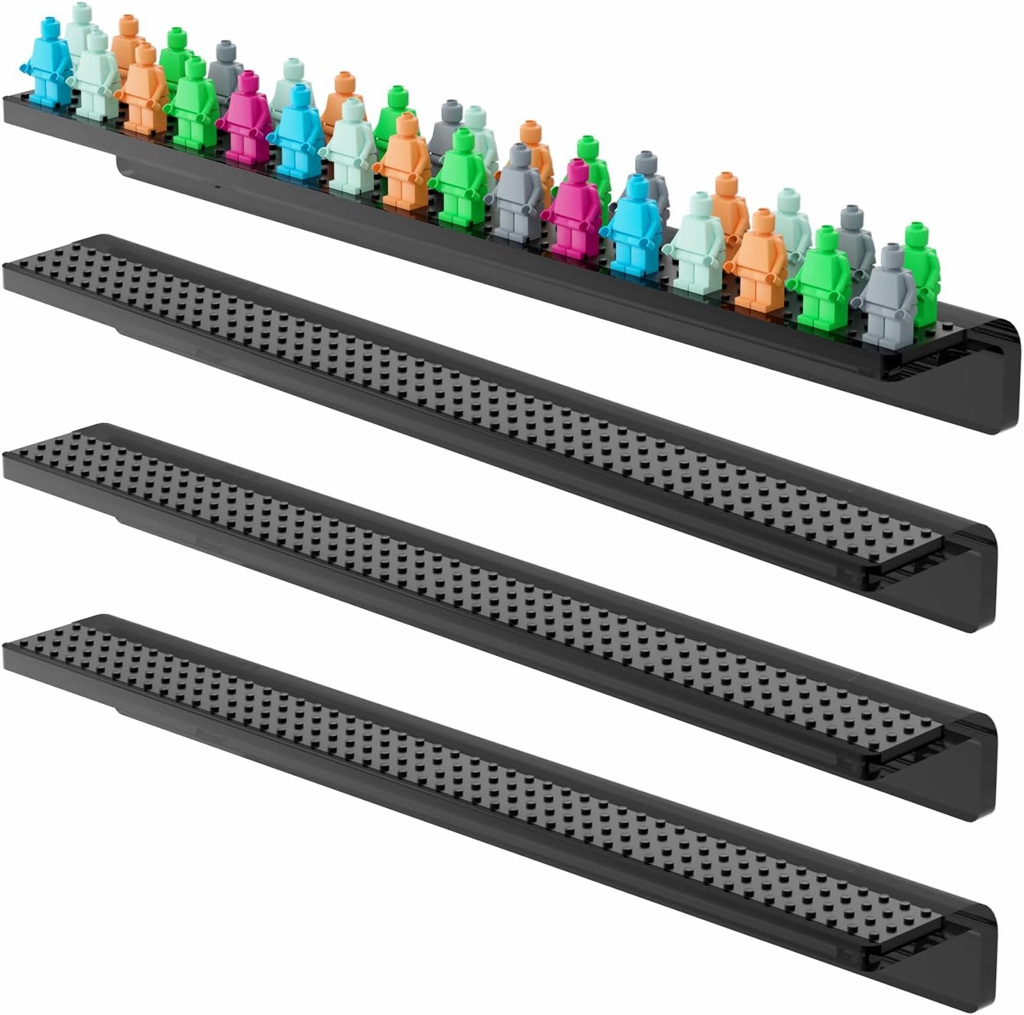 4Pack Black Acrylic Minifigure Display Case Holds Up to 96 Figures, Wall Mount Acrylic Floating Shelf Display with Brick Building Baseplates, Clear Figure Display Minifig Organizer