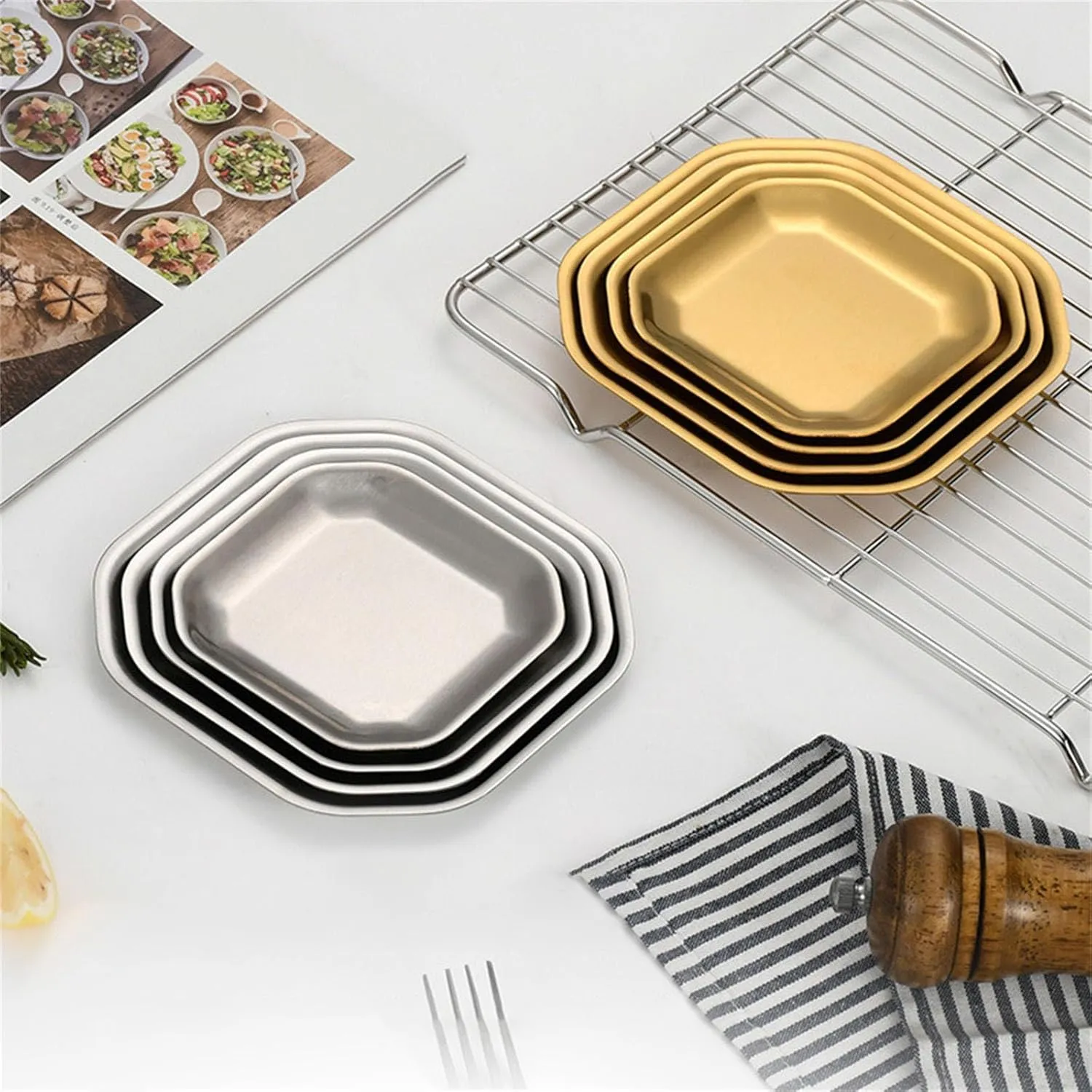 4pcs Efficient Gold/Silver Stainless Steel Plates Sturdy And Stackable Dishes For Camping Picnics And Family Meals