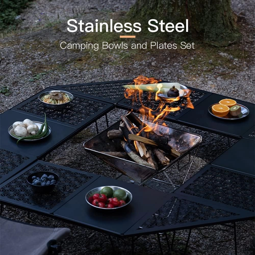4pcs Stainless Steel Plates and wls Set Camping Dinner Dish Set with Carry Bag for Outdoor Camping Hiking Backpacking Picnics