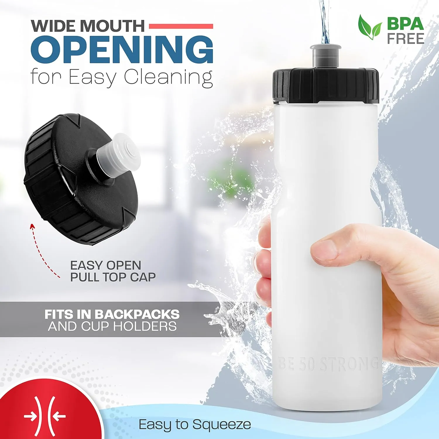 50 Strong Sports Water Bottles – Reusable 22 oz BPA-Free Plastic Bottles with Pull Top Cap – Made in USA – Top Rack Dishwasher Safe – Fits Most Bike Cages Brand
