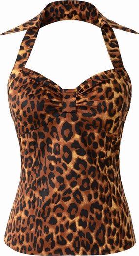 50s Pinup Rockabilly Polka Dots Halter Top with Collar Sweetheart Neckline Vintage Retro Style (US16, Leopard),16