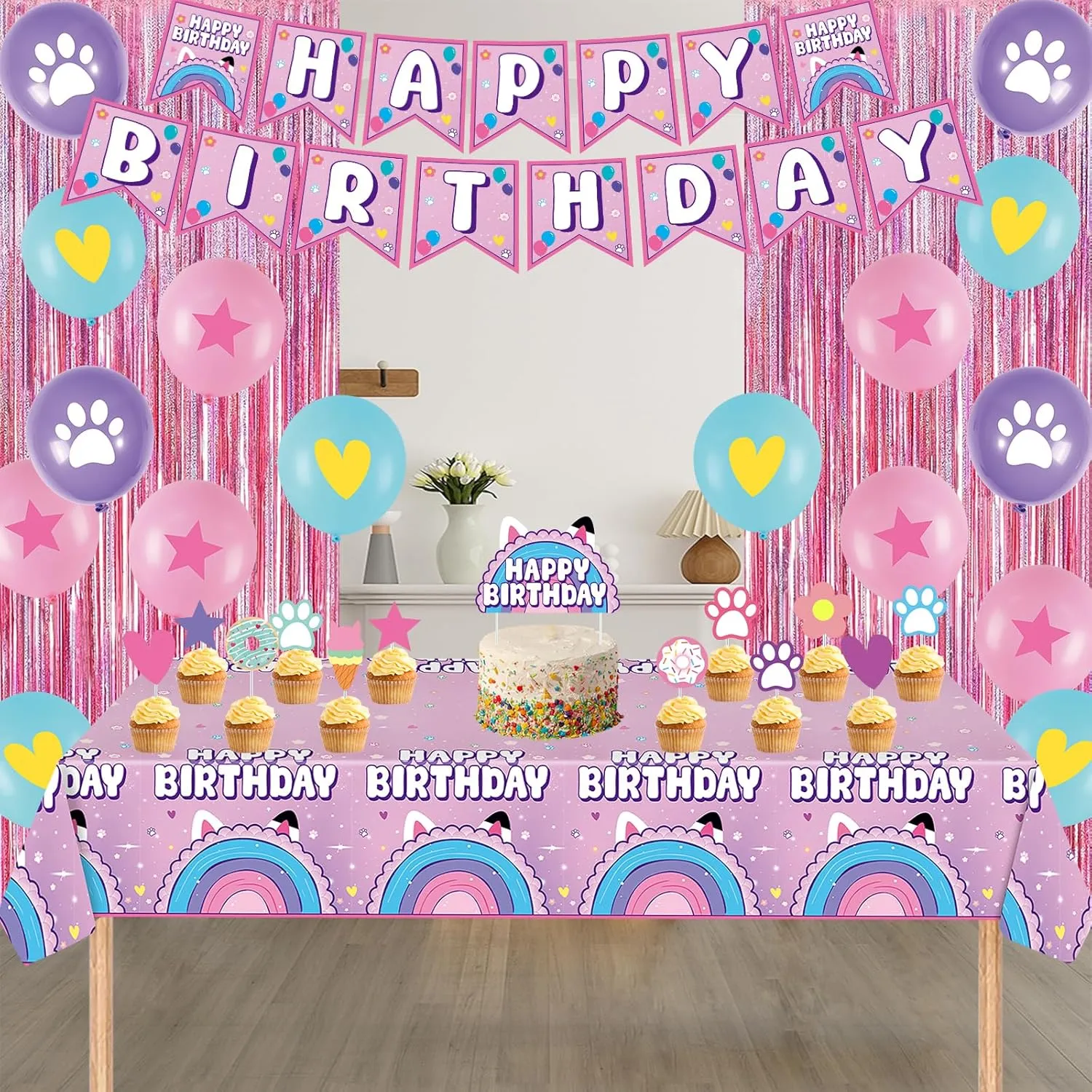 53PCS Dollhouse Birthday Party Supplies Dollhouse Party Decorations Include Banner Balloons Tinsel Foil Fringe Curtains Cake Cupcake Toppers Tablecloth