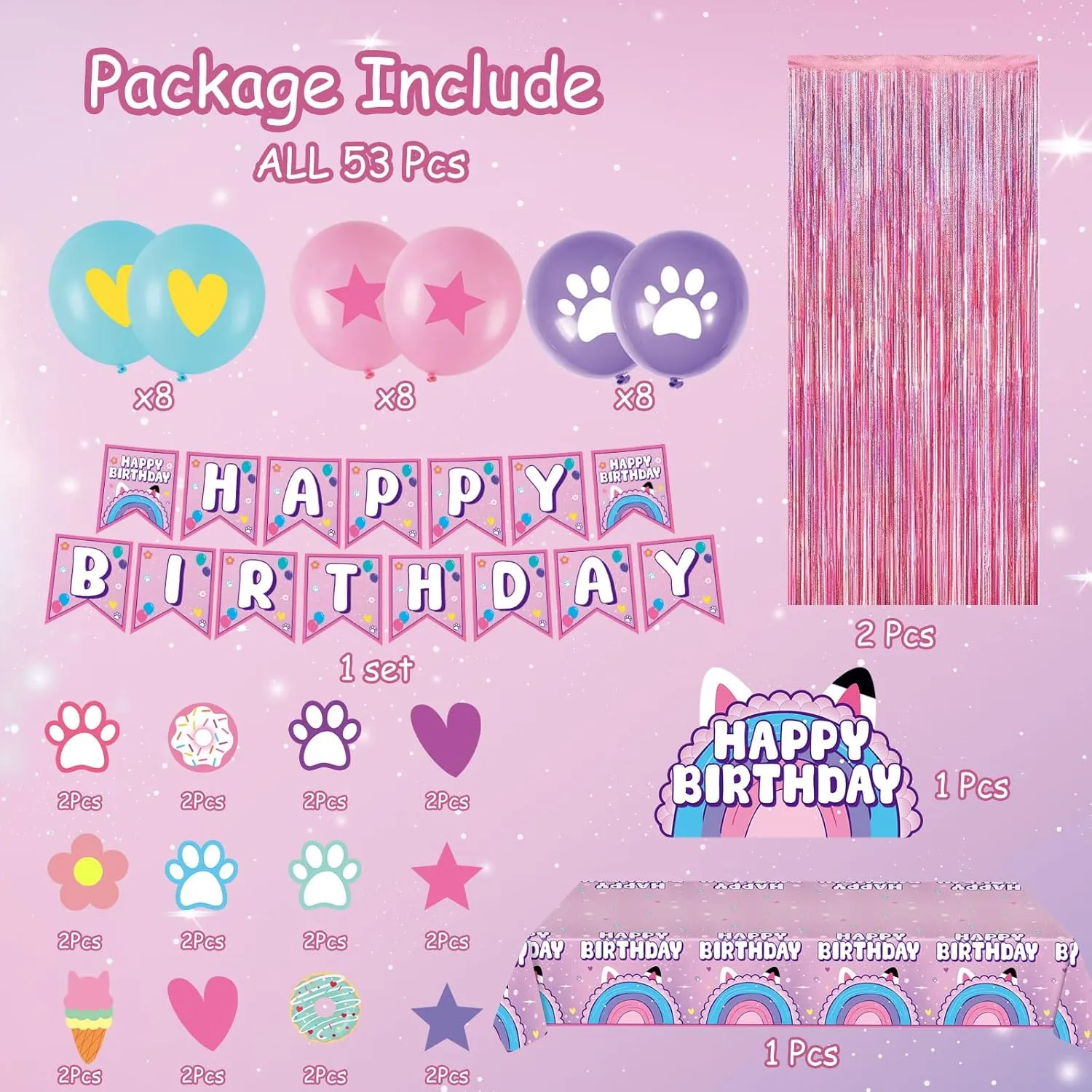 53PCS Dollhouse Birthday Party Supplies Dollhouse Party Decorations Include Banner Balloons Tinsel Foil Fringe Curtains Cake Cupcake Toppers Tablecloth