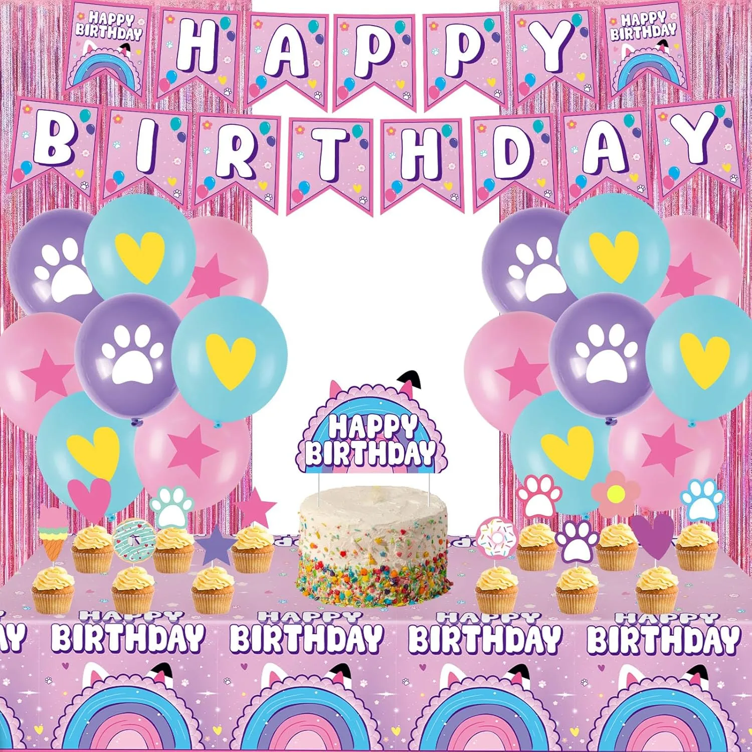 53PCS Dollhouse Birthday Party Supplies Dollhouse Party Decorations Include Banner Balloons Tinsel Foil Fringe Curtains Cake Cupcake Toppers Tablecloth